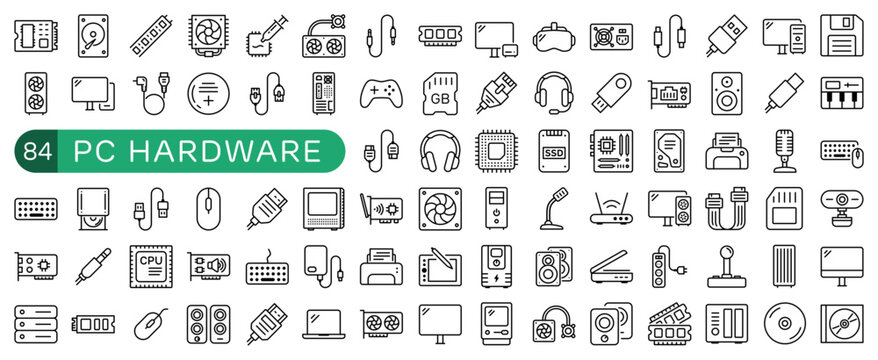 PC Hardware Essentials Icon Set Outline