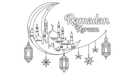 Naklejka premium Ramadan Kareem lanterns and mosque illustration with crescent moon and stars isolated on transparent background