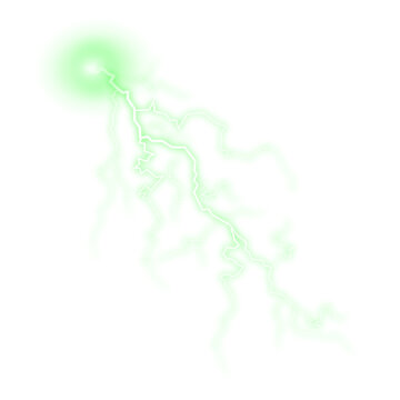 Green lightning discharge PNG with luminous electric glow and spark particles isolated on transparent background for storm visuals
