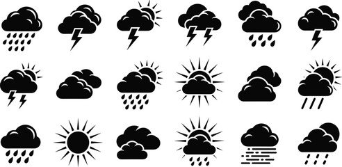 Weather icons set vector forecast symbols collection rain cloud sun storm lightning fog meteorology silhouette pack isolated
