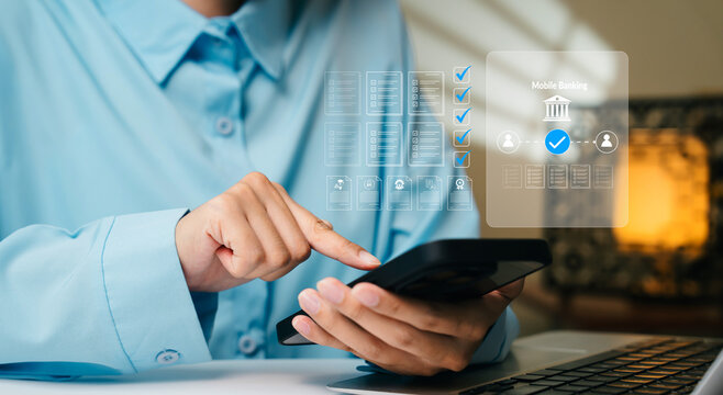 Digital banking verification concept, businesswoman using smartphone with mobile banking interface and approval check icons, secure transaction, financial technology, online payment safety