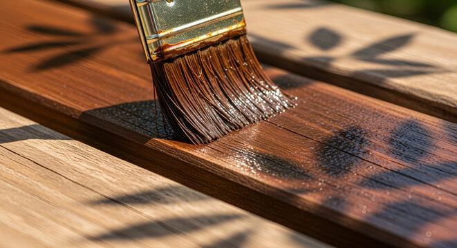 Applying wood stain to a deck with a brush