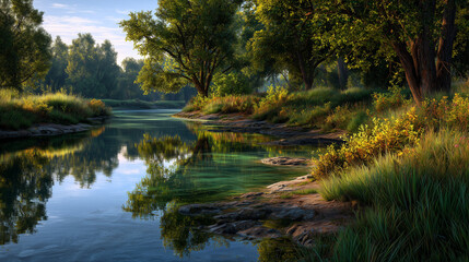 Serene riverbank with lush greenery and calm waters at sunrise  