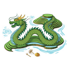 Fototapeta premium A majestic green asian dragon is creatively shaped like the terraced rice paddies of Vietnam or China, with a small waterfall and traditional hats resting on its body.