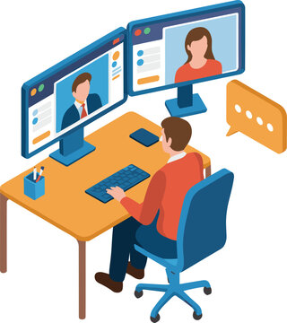 isometric remote video conference illustration, online business meeting workspace, digital communication technology, virtual collaboration office desk, professional teamwork vector concept