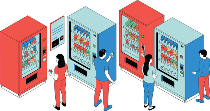 isometric vending machine illustration, people buying drinks, automated snack dispenser, self service retail technology, beverage selection, modern shopping concept, vector design
