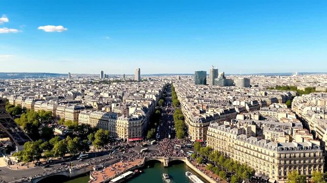 Aerial view of Paris cityscape with Eiffel Tower and busy streets in daytime