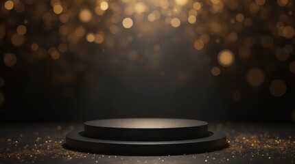 Obraz premium Black podium product stage with spotlight and golden glitter background. 