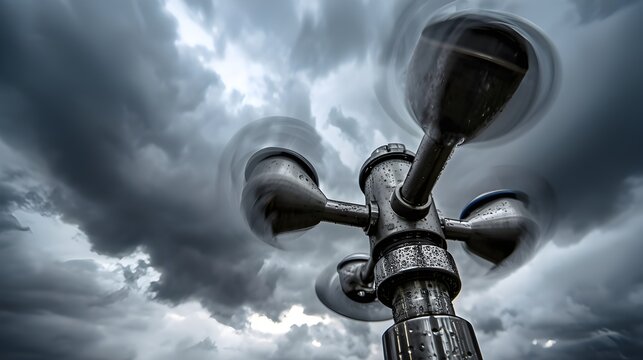 Professional Stainless Steel Siren or Anemometer Under Stormy Sky with Zoom Motion Blur