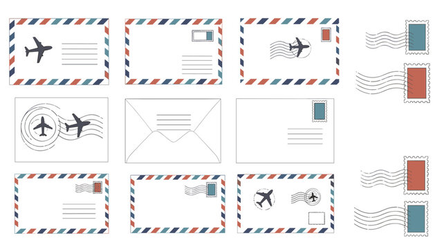 Collection of vintage style airmail envelopes and postage stamps featuring airplane motifs and red and blue borders.