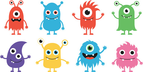 Obraz premium Cute Colorful Monster Characters Collection Funny Cartoon Illustration Set Isolated on White Background