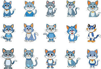 A collection of funny cartoon cat icons and cute animal character faces featuring a seamless pattern of vector illustrations including dogs, rabbits, bears, and tigers for a fun pet head set