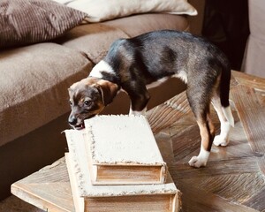 Naughty Small Puppy Dog with Bad Behavior Biting Household Object in Living Room