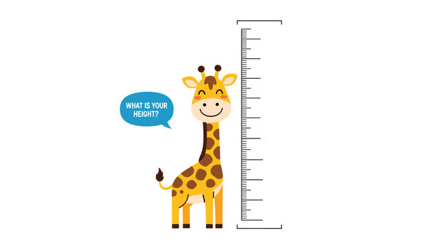 Growth chart for children featuring a tall cute giraffe and the question what is your height in a speech bubble.