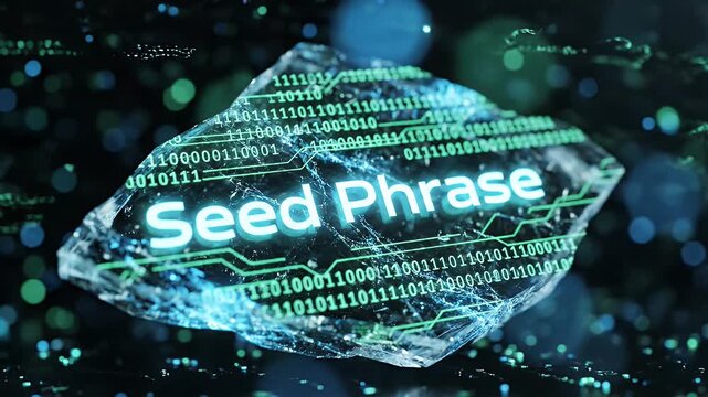 A glowing shard of ice displays binary code and the words "Seed Phrase