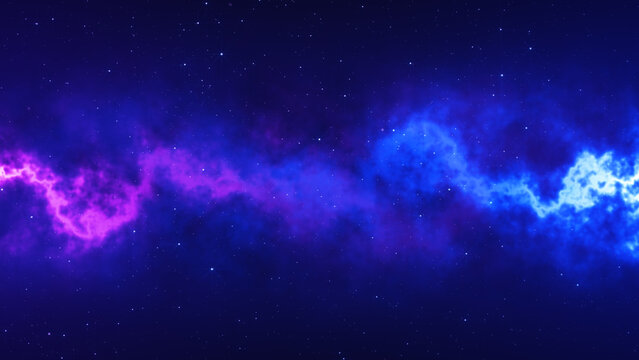 Purple and blue light energy rays in space. Abstract cosmic energy background. Purple and blue magic energy flow surrounded by stars. Neon futuristic background. Outer space.