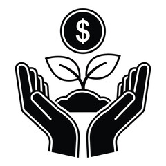 Illustration of hands nurturing a growing plant with a dollar sign symbolizing investment in sustainable growth and financial support for nature