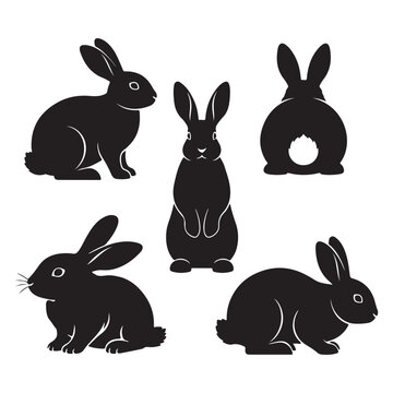 Black rabbit silhouette set cute Easter bunny poses minimal vector illustration
