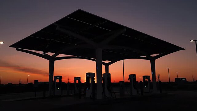 Electric vehicle charging station under a solar panel canopy at sunset
