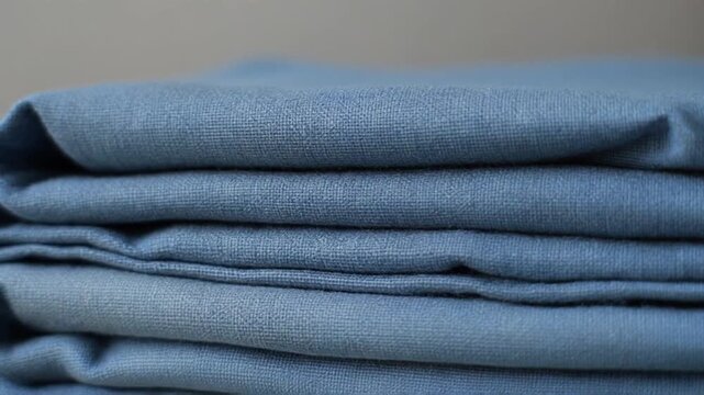 Folded blue fabric sheets stacked on top of each other indoors