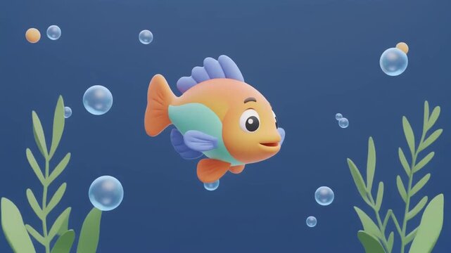 Colorful cartoon fish swimming underwater with bubbles and aquatic plants