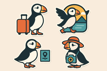 Fototapeta premium Adorable puffin travel stickers with various activities and copy space