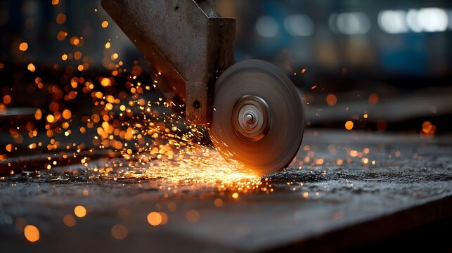 Close up of an industrial grinder cutting metal showering bright orange sparks in a workshop setting