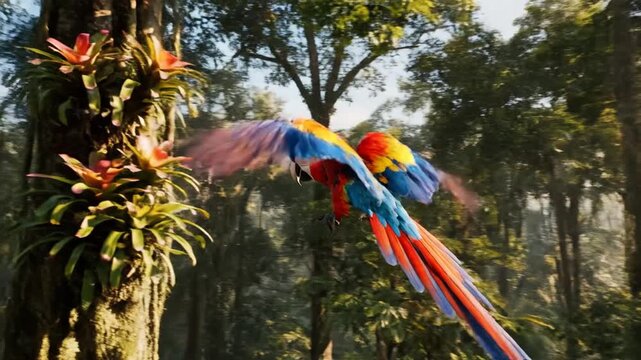 Colorful parrot flying in forest with sun shining through trees