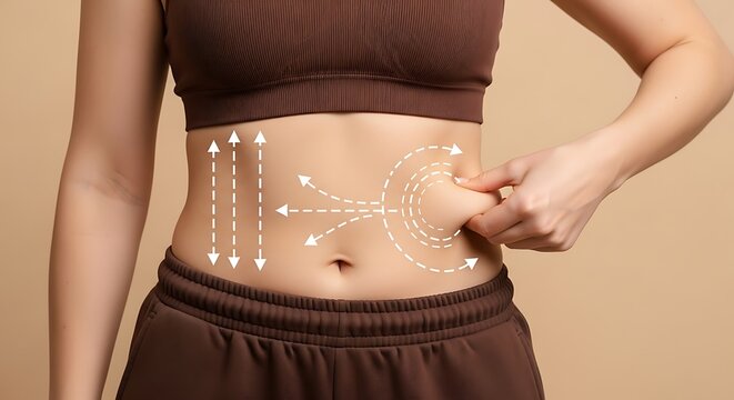 Woman pinching fat on her abdomen with arrows indicating reduction. Weight loss and body shaping concept for fitness, diet, and healthy lifestyle.