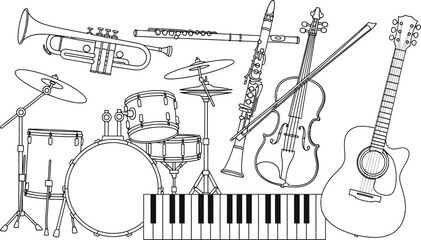Obraz premium Collection of various black and white outline musical instruments including a drum set, guitar, violin, trumpet, clarinet, flute, and keyboard for design projects