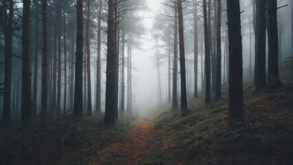 Naklejka premium A foggy forest path surrounded by tall pine trees. Mist envelops the scene, creating a serene and mystical atmosphere. Soft light filters through the fog.