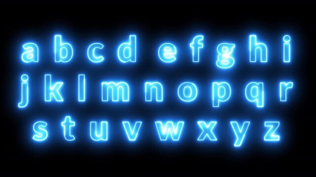 Alphabet text animation from a to z on transparent background, neon glowing alphabet fire sign animated text from A to Z with alpha channel in 4k.
