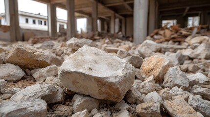 Close up of scattered concrete rubble and debris littering the floor of an unfinished building interior suggesting demolition or construction