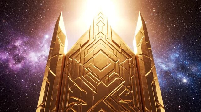 Futuristic golden structure with intricate geometric patterns and sharp spires set against a cosmic nebula background for modern science fiction