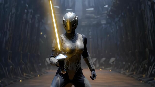 Woman warrior training with glowing sword in futuristic sci-fi setting, dynamic pose and combat readiness