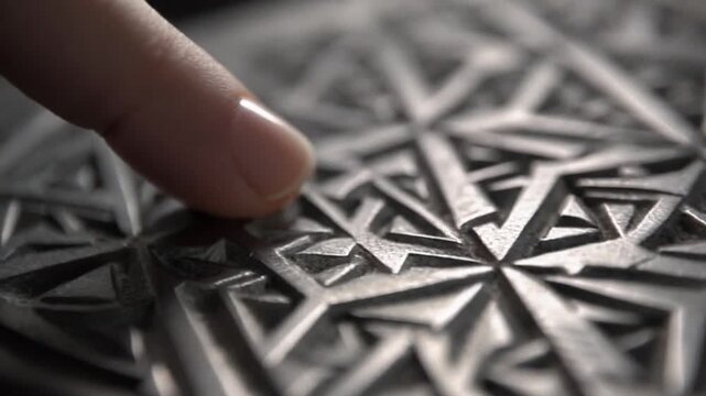 Finger touches geometric puzzle piece on textured surface with patterns in background for problem-solving