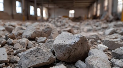 Scattered concrete rubble covers the floor of a derelict building interior