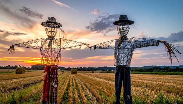 Two scarecrows stand guard over a golden field at sunset.
