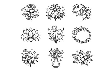 Floral Decorative Line Icons Set with Bouquets, Wreaths, and Botanical Elements