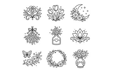 Floral Decorative Line Icons Set with Bouquets, Wreaths, and Botanical Arrangements