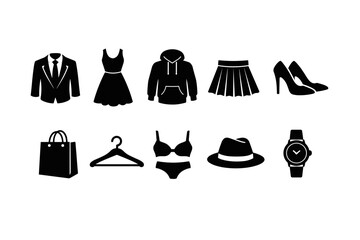 Fashion Clothing and Accessories Solid Icons Set for Apparel, Style, and Retail Design