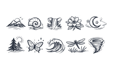 Nature and Weather Line Icons Set with Seasons, Landscape, and Natural Elements