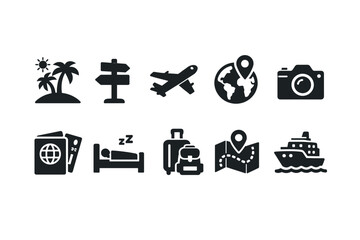 Travel and Tourism Solid Icons Set for Vacation Planning, Transport, and Adventure
