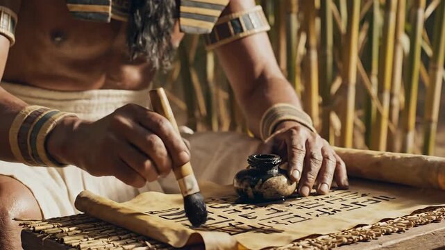 Ancient Egyptian Scribe Writing Hieroglyphs on a Papyrus Scroll