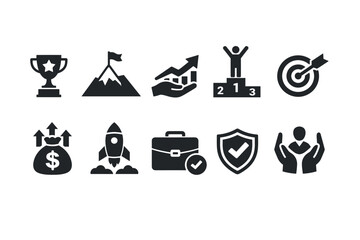 Business Success and Goal Achievement Solid Icons Set for Strategy, Growth, and Motivation