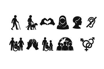 Social Diversity and Human Rights Solid Icons Set for Inclusion, Equality, and Community