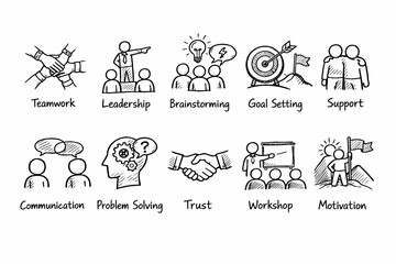 Teamwork and Leadership Line Icons Set for Business Communication and Motivation