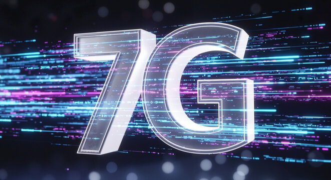 7G glowing letters with high-speed data stream effect on dark background  