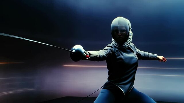 Woman fencer executing a lunge with sword in motion blur against a dark background, showcasing sport and skill