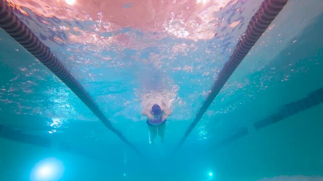 Female swimmer butterfly stroke underwater passing overhead in indoor pool
